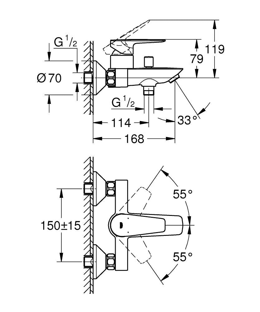 GROHE Start Edge 23348001 單柄浴缸龍頭 尺寸圖