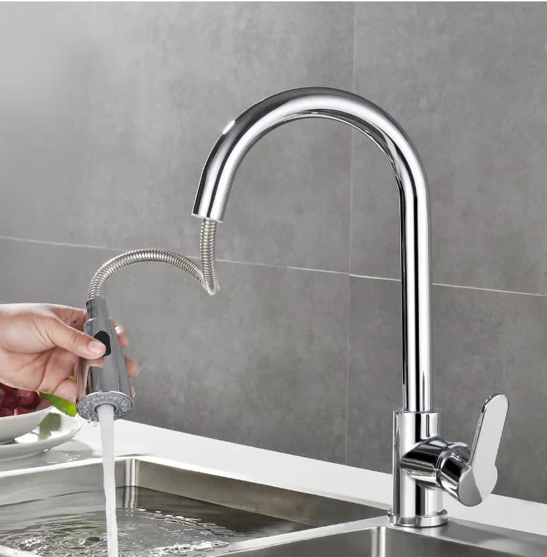Modern Stainless Steel Chrome Kitchen Faucet|Pull-Down Sprayer | Single Handle|360° Rotation|Dual Spray Modes | 現代簡約不銹鋼亮光廚房抽拉水龍頭| 抽拉雙模式噴頭 | 單柄設計|360°旋轉| (KF-2026)