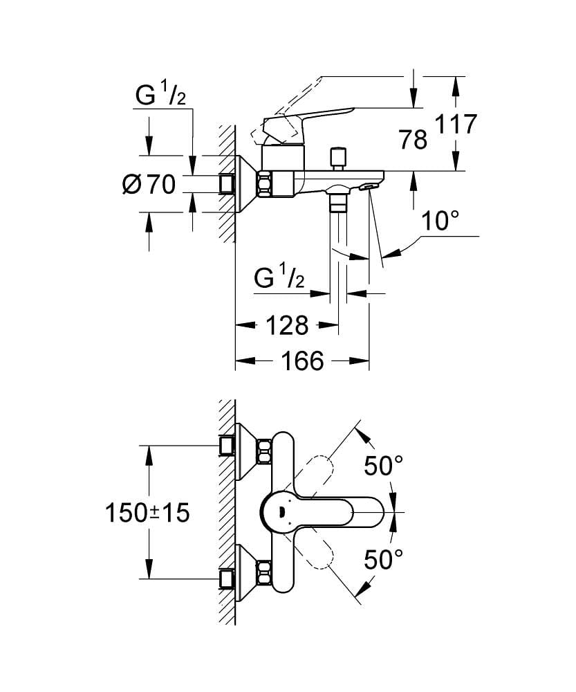 GROHE 23348000 浴缸花灑龍頭 尺寸圖