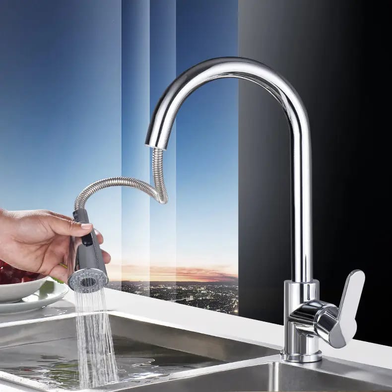 Modern Stainless Steel Chrome Kitchen Faucet｜Pull-Down Sprayer | Single Handle｜360° Rotation｜Dual Spray Modes | 現代簡約不銹鋼亮光廚房抽拉水龍頭| 抽拉雙模式噴頭 | 單柄設計｜360°旋轉｜ (KF-2026)