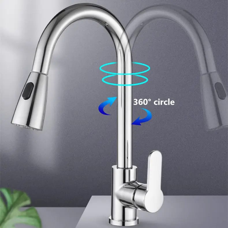 Modern Stainless Steel Chrome Kitchen Faucet｜Pull-Down Sprayer | Single Handle｜360° Rotation｜Dual Spray Modes | 現代簡約不銹鋼亮光廚房抽拉水龍頭| 抽拉雙模式噴頭 | 單柄設計｜360°旋轉｜ (KF-2026)