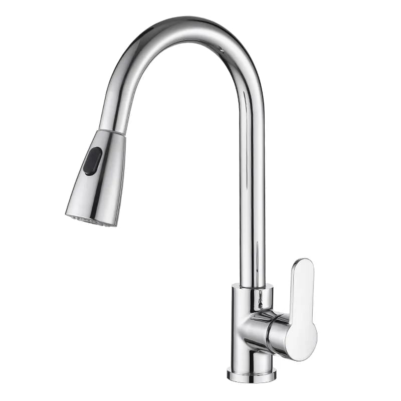 Modern Stainless Steel Chrome Kitchen Faucet｜Pull-Down Sprayer | Single Handle｜360° Rotation｜Dual Spray Modes | 現代簡約不銹鋼亮光廚房抽拉水龍頭| 抽拉雙模式噴頭 | 單柄設計｜360°旋轉｜ (KF-2026)