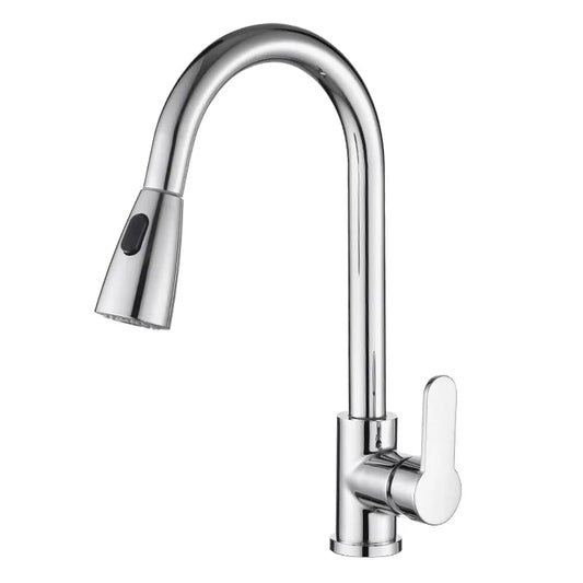 Modern Stainless Steel Chrome Kitchen Faucet｜Pull-Down Sprayer | Single Handle｜360° Rotation｜Dual Spray Modes | 現代簡約不銹鋼亮光廚房抽拉水龍頭| 抽拉雙模式噴頭 | 單柄設計｜360°旋轉｜ (KF-2026)