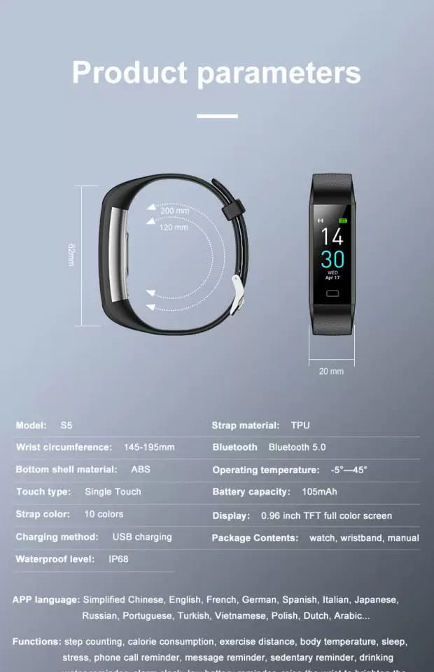 健身追蹤器智慧手環，附心率監測器/計步器/卡路里。 IP65 防水男士/女士健身智慧手錶追蹤器