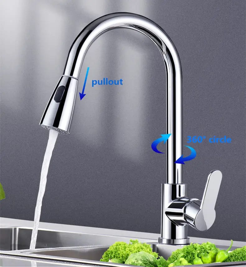 Modern kitchen sink equipped with a lead-free stainless steel pull-out faucet.